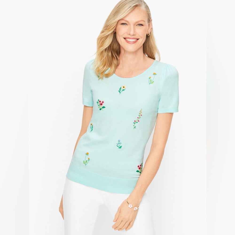 Talbots Floral Embroidered Women’s Top Blouse Size Petite Large Aqua Pullover PL
